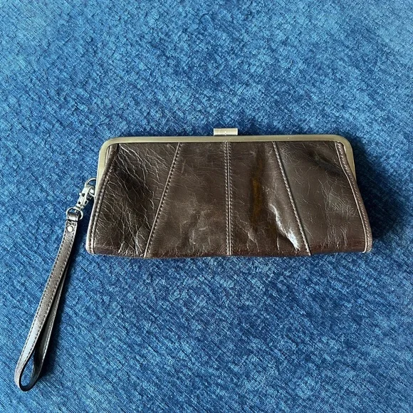 Kenneth Cole Reaction Brown Leather Frame Clutch Wristlet Kiss Lock Bag - Picture 3 of 14